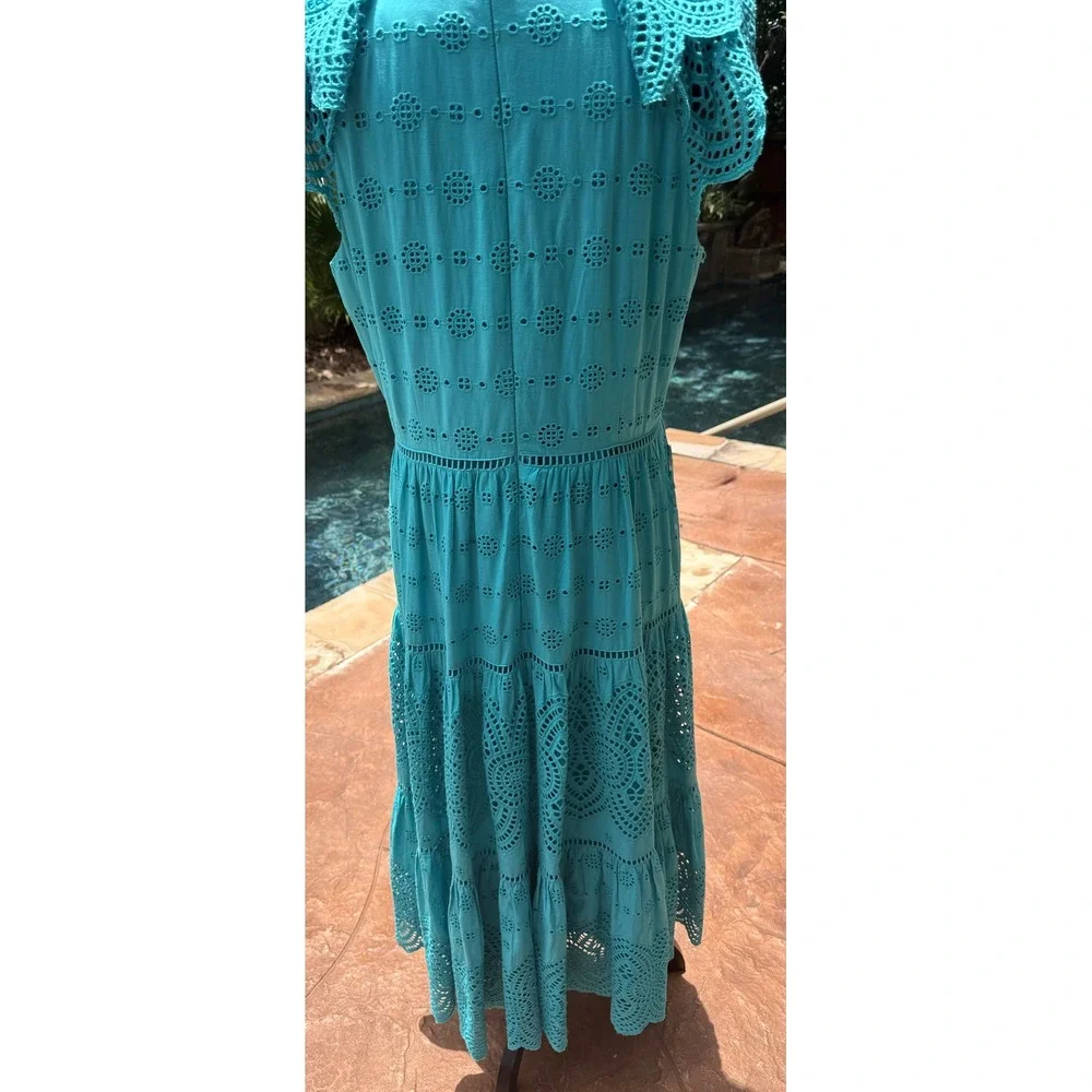 Antonio Melani Turquoise Eyelet Lace Midi Dress S10 Cotton Lined Flutter Sleeve - Picture 5 of 12
